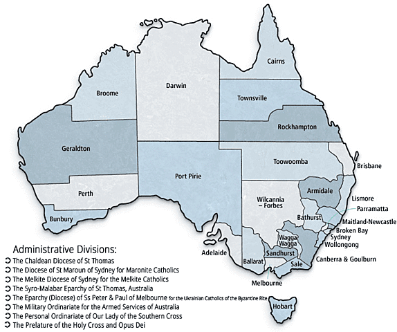 The Catholic Church in Australia is divided into provinces and dioceses