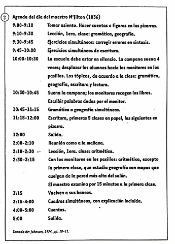 Horario escolar en 1836