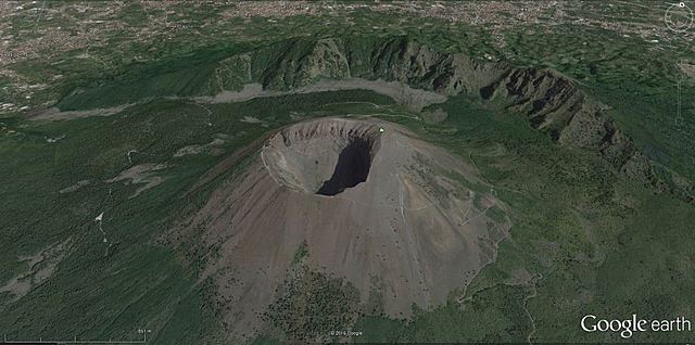 Izbruh vulkana in njegove posledice na amfiteatru v Pompejih.