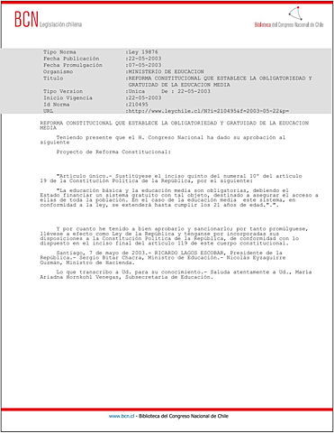 Ley 19.876 sobre la obligatoriedad y gratuidad de la Educación Media