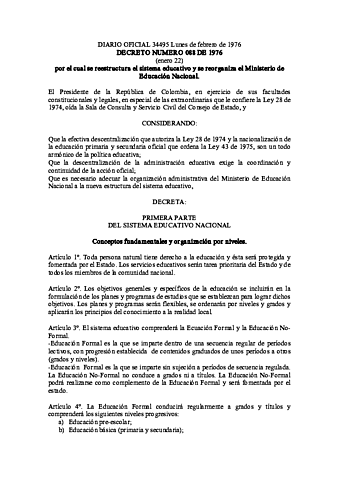 Decreto 088  de 1976 Reestructuración del sistema educativo Nacional