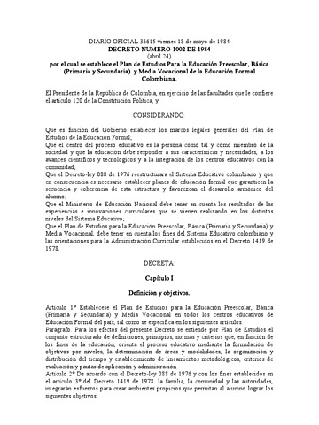 Decreto 1002 de 24 de abril de 1984 -RENOVACIÓN CURRICULAR