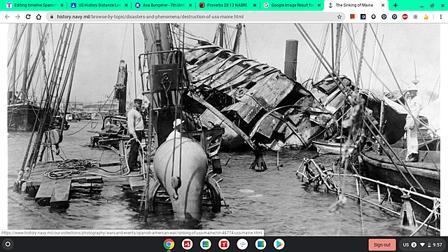The U.S.S. Maine is sunk off the coast of Havana.