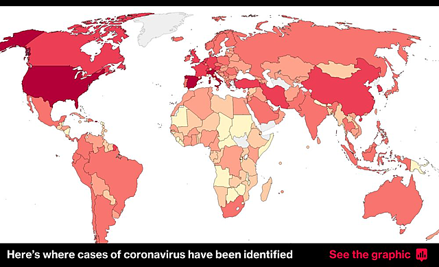 Map of the world showing the spread of Covid-19
