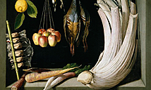 Bodegón de caza, hortalizas y frutas