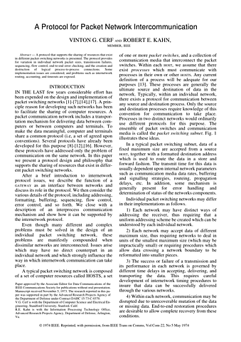 Vinton Cerf y Robert Khan publicaron el artículo "A Protocol for Packet Network Intercommunication