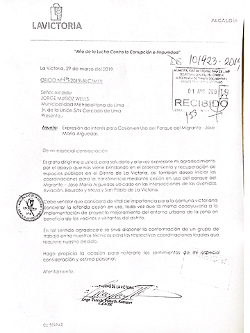 Oficio a la Municipalidad Metropolitana de Lima