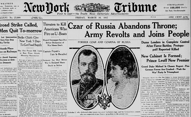 Tsar Nicholas II gives up the throne because of riots in the St. Petersburg