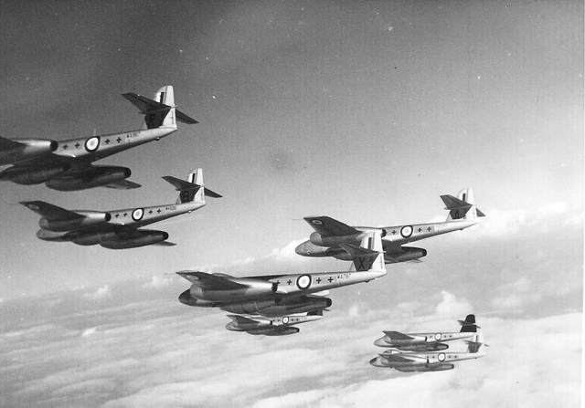 263 Sqn arrive flying Meteor F.8's