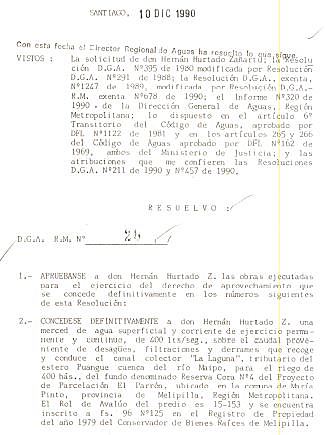 H. Hurtado obtiene derechos permanentes por 400 l/s