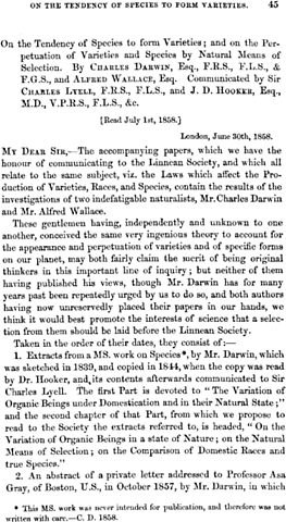 On the Tendency of Species to form Varieties; and on the Perpetuation of Varieties and Species by Natural Means of Selection