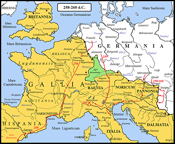 Progresó en la ocupación de los territorios germanos denominados agri decumates, en el codo renano-danubiano.