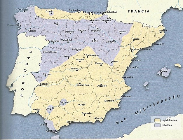 Espanya es divideix en dos bàndols : els republicans i els insurrectes  (o franquistes o nacionals).
