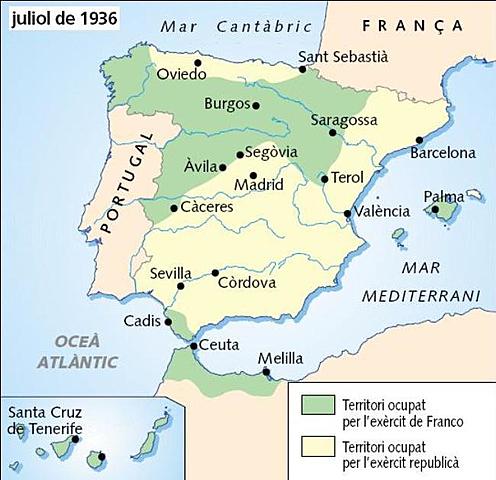 Espanya es divideix en dos bàndols: els republicans i els insurrectes (o franquistes o nacionals)