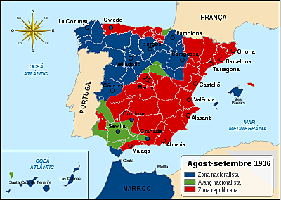 Espanya es divideix en dos bàndols : els republicans i els insurrectes (o franquistes o nacionals): cal adjuntar un mapa de com queden dividides les dues zones a l'inici de la guerra civil