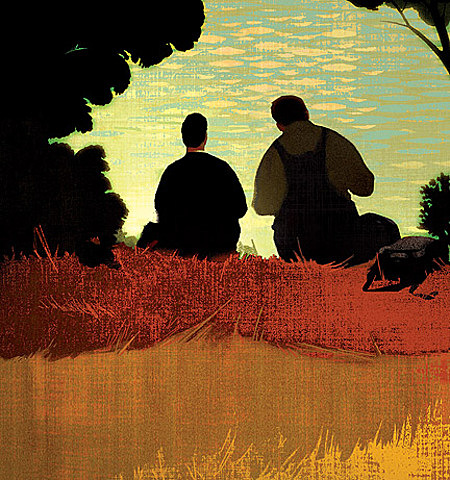 George and Lennie rest by a river for a quick break.