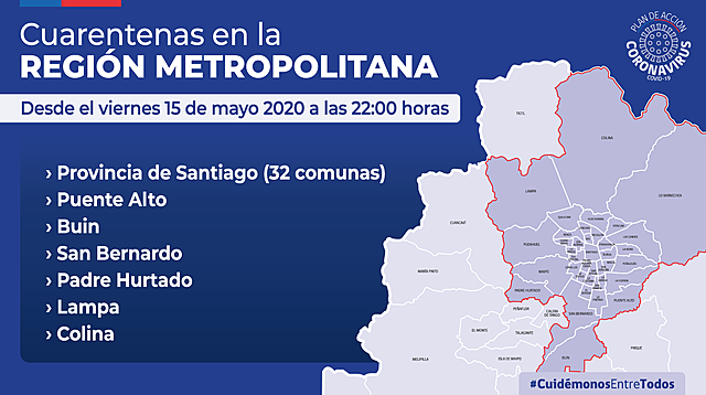 Tras el aumento de los casos de COVID-19 en la Región Metropolitana el Gobierno decretó la cuarentena en todas las comunas de Gran Santiago a contar de las 22:00 hrs del Viernes 15 de mayo.