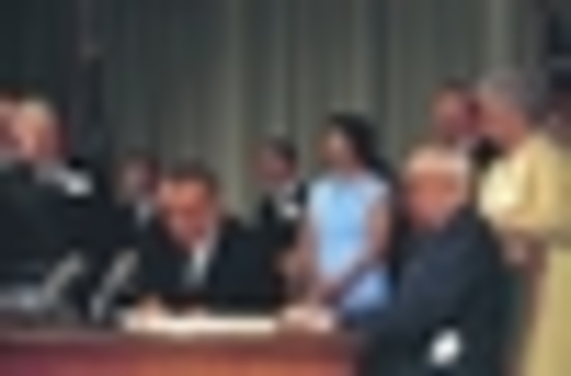 Barry Goldwater runs on a conservative platform and loses to LBJ in a landslide.