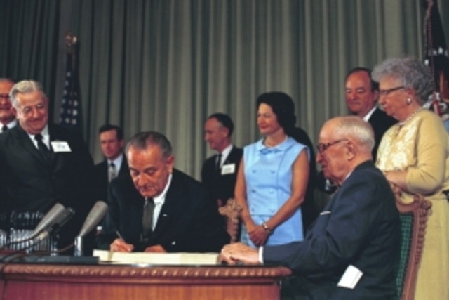 Barry Goldwater runs on a conservative platform and loses to LBJ in a landslide.