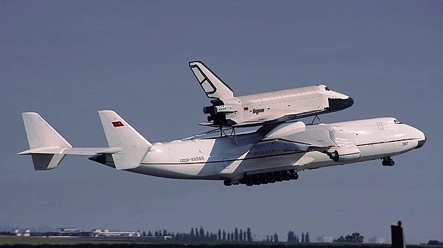 Antonov AN-225 Mriya - the purpose of the project was to carry ruasian space shuttle Buran to launch site