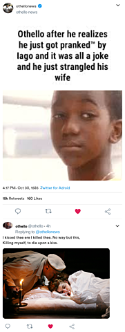 Othello realises Desdemona was innocent and kills himself