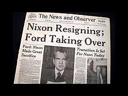 Nixon resigns due to Watergate scandal