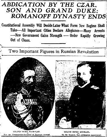 Tsar Nicholas II abdicates the throne