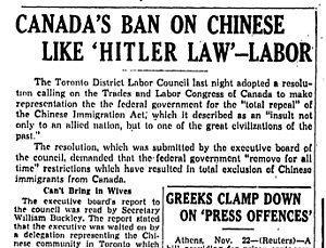 The Chinese Immigration Act - July 1, 1923: