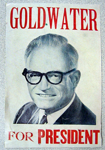 Barry Goldwater runs on a conservative platform and loses to LBJ in a landslide.