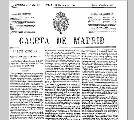España concede la autonomía a Cuba y a Puerto Rico.