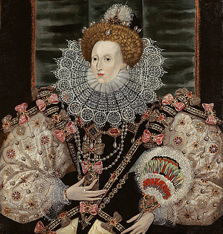 Elizabeth I, with the English victory over the Spanish Armada in the background