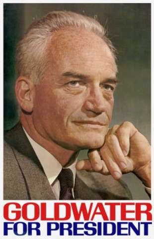 Barry Goldwater runs on a conservative platform and loses to LBJ in a landslide.