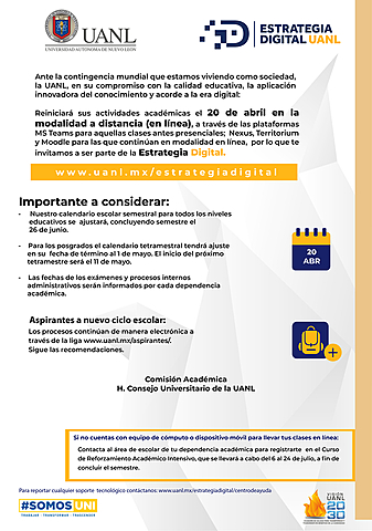 Anuncia UANL reinicio de Clases, pero a distancia el 20 de abril