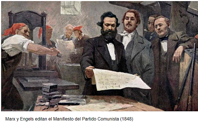 Marxismo Publicación Manifiesto Comunista.  Con DOS FASES- FASE 1- 10 pasos, cuando se cumplan estos 10 pasos se llegara a la fase Socialista, cumplido el socialismo, llevara a la FASE 2 El comunismo, TODOS SERÁN  IGUALES SIN DINERO SIN ESTADO