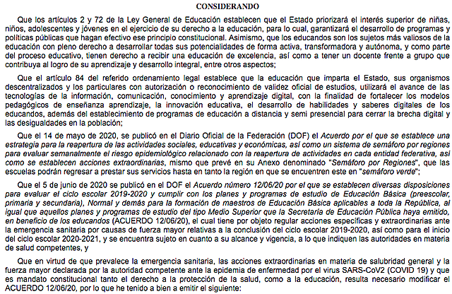 Acuerdo por el que se establecen diversas disposiciones para evaluar el ciclo escolar 2019-2020 y cumplir con los Planes y Programas de Estudio de Educación Básica (preescolar, primaria y secundaria), Normal y demás