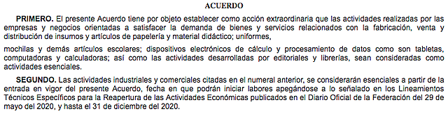 Acuerdo por el que se establecen como actividades esenciales las que se indican.