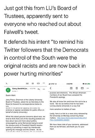 Liberty Board of Trustees Defends Blackface Tweet