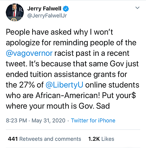 Falwell Refuses to Apologize for Blackface Tweet