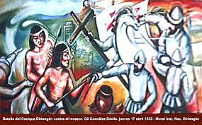 Un ejército de cuatro mil hombres, jefeado por Diriangén, rodeó a los expedicionarios en medio de terribles gritos de guerra.