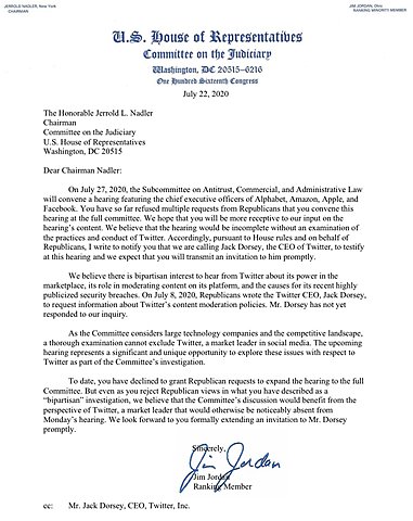 Jim Jordan Calls Dorsey to Testify