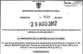 Decreto 1421 por el cual se reglamenta en el marco de la educación inclusiva la atención educativa a la población con discapacidad.