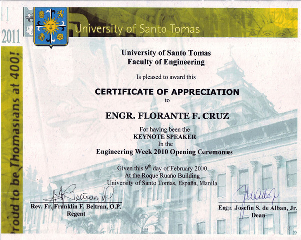 UST Certificate of Appreciation