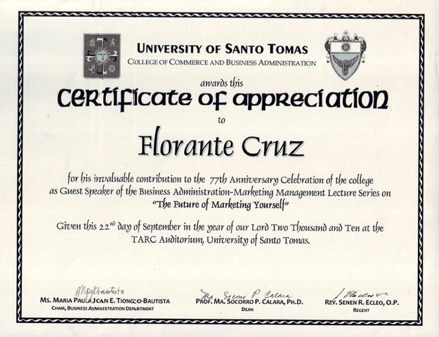 UST - Certificate of Appreciation