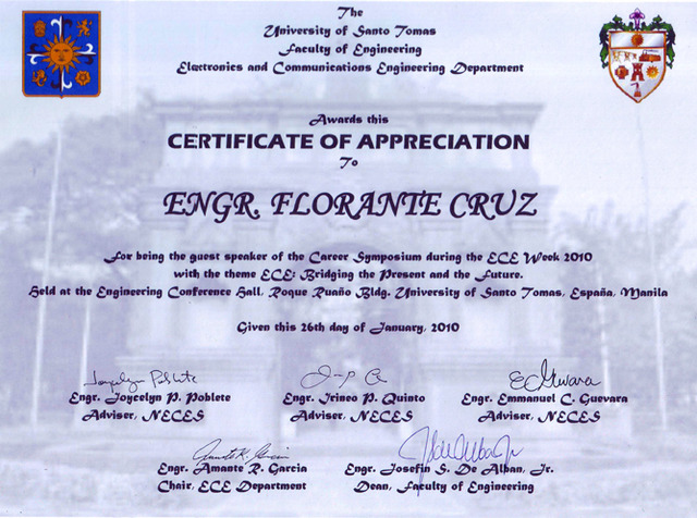 UST Certificate of Appreciation