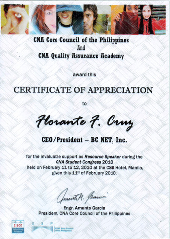 CNA Certificate of Appreciation