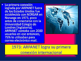 - Ya son 30 las instituciones norteamericanas conectadas a ARPANET - Se establece una conexión por satélite de ARPANET con Noruega, la primera fuera de Estados Unidos. Posteriormente ese año también se conecta con un IMP en Londres.