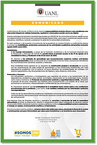 Anuncia semestre agosto 2020-enero 2021 será digital