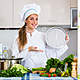 Girl chef uniform clock veggies kitchen professional vegetables table 65300931