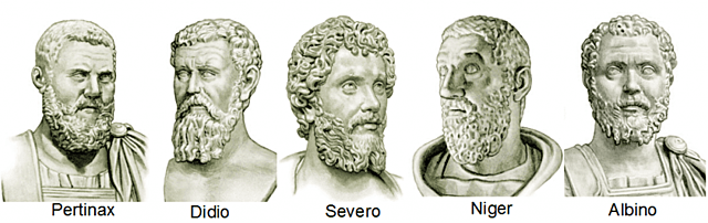 Luchas por el poder: año de los cinco emperadores (Pertinax, Pescenio Níger, Didio Juliano, Clodio Albino y Septimio Severo).