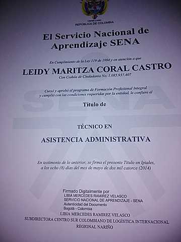 GRADO COMO TECNICO EN ASISTENCIA ADMINISTRATIVA SENA